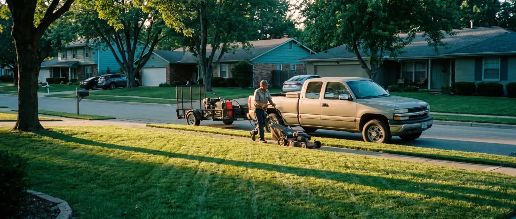 A lawn-care operator finishing a suburban front yard at golden hour, his pickup and trailer at the curb behind him.