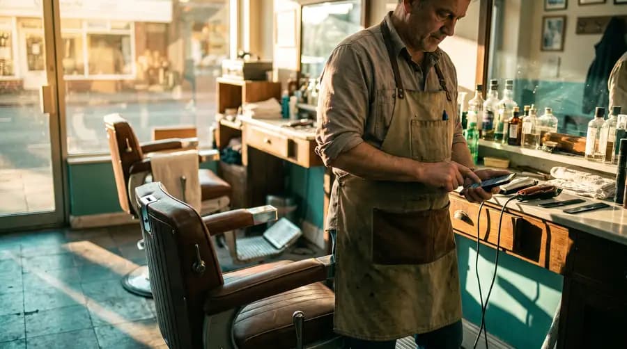 A barber between clients in his shop, clippers set down on the counter, dialling his phone with one thumb.