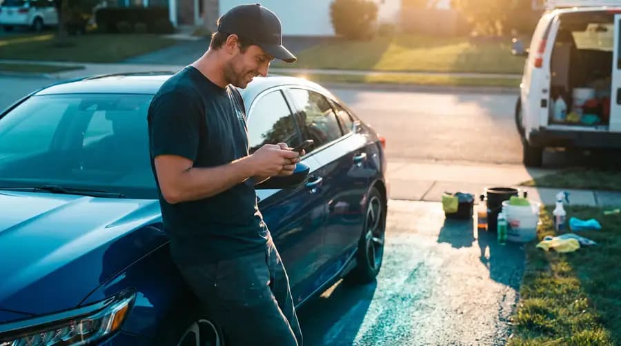 A mobile detailer leaning against a freshly polished dark car, reading a message on his phone.