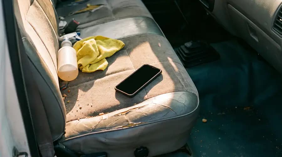 A phone lying face up on the worn passenger seat of a service truck in late afternoon sun.
